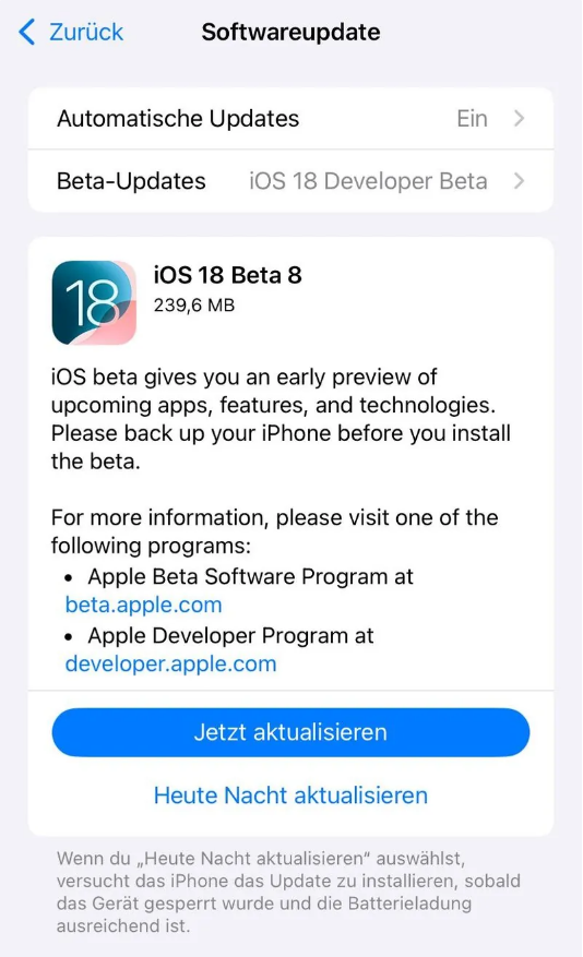 南坤镇苹果手机维修分享苹果 iOS / iPadOS 18 开发者预览版 Beta 8 发布 